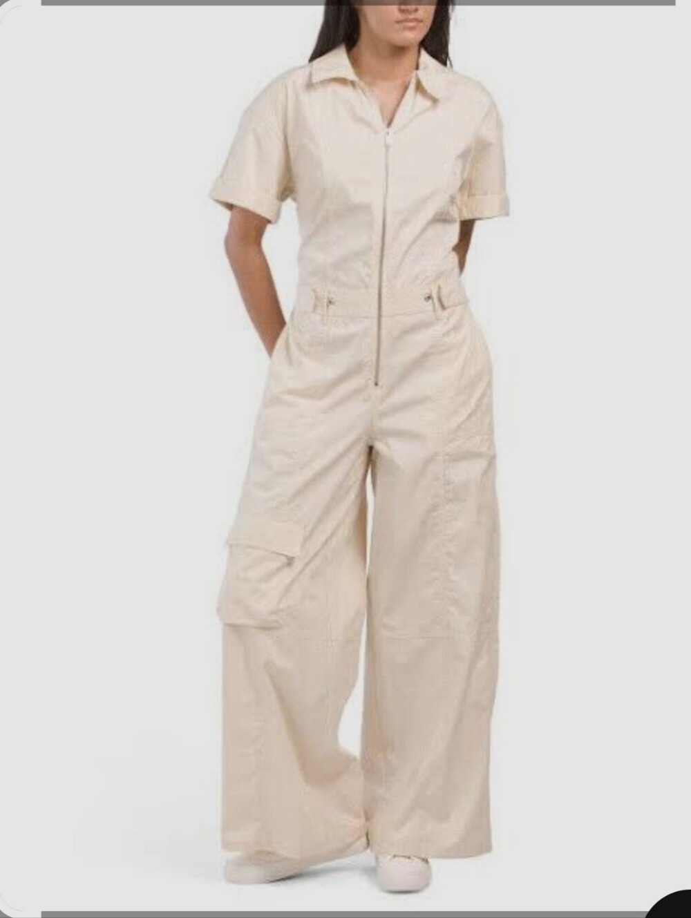 Zara Cream Utility Short-Sleeve Wide-Leg Jumpsuit